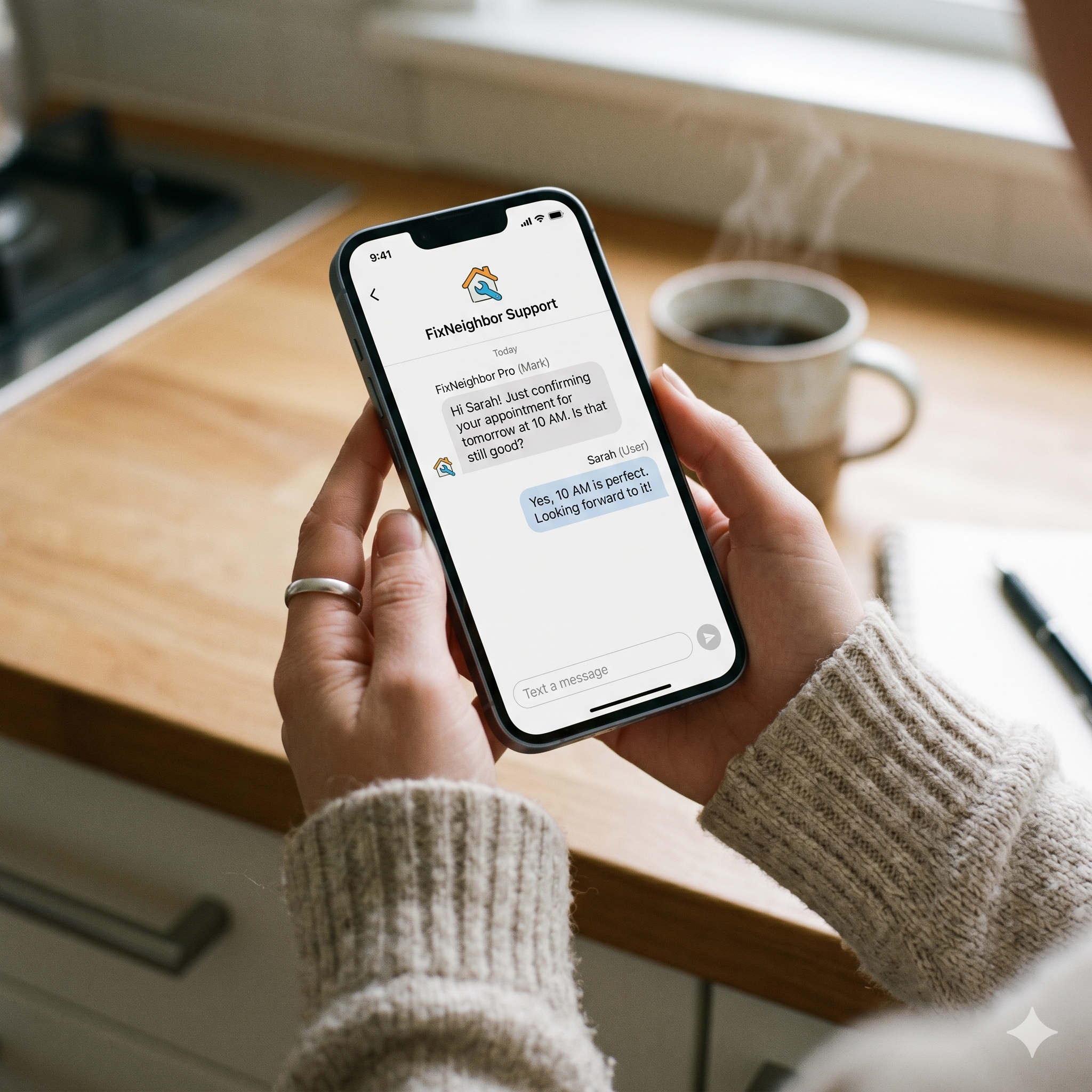 Homeowner using the FixNeighbor chat on a phone