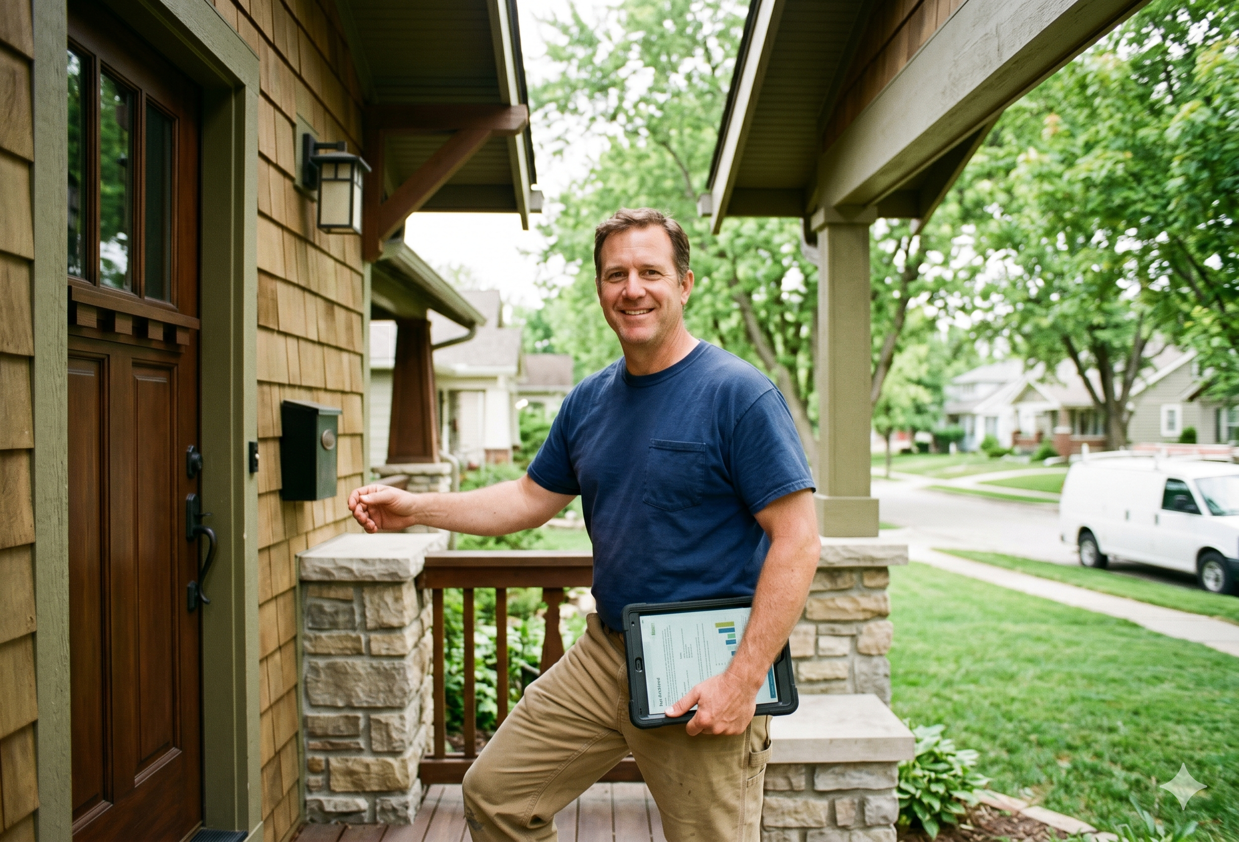 A pro arriving at a Kansas City home with a job brief on tablet